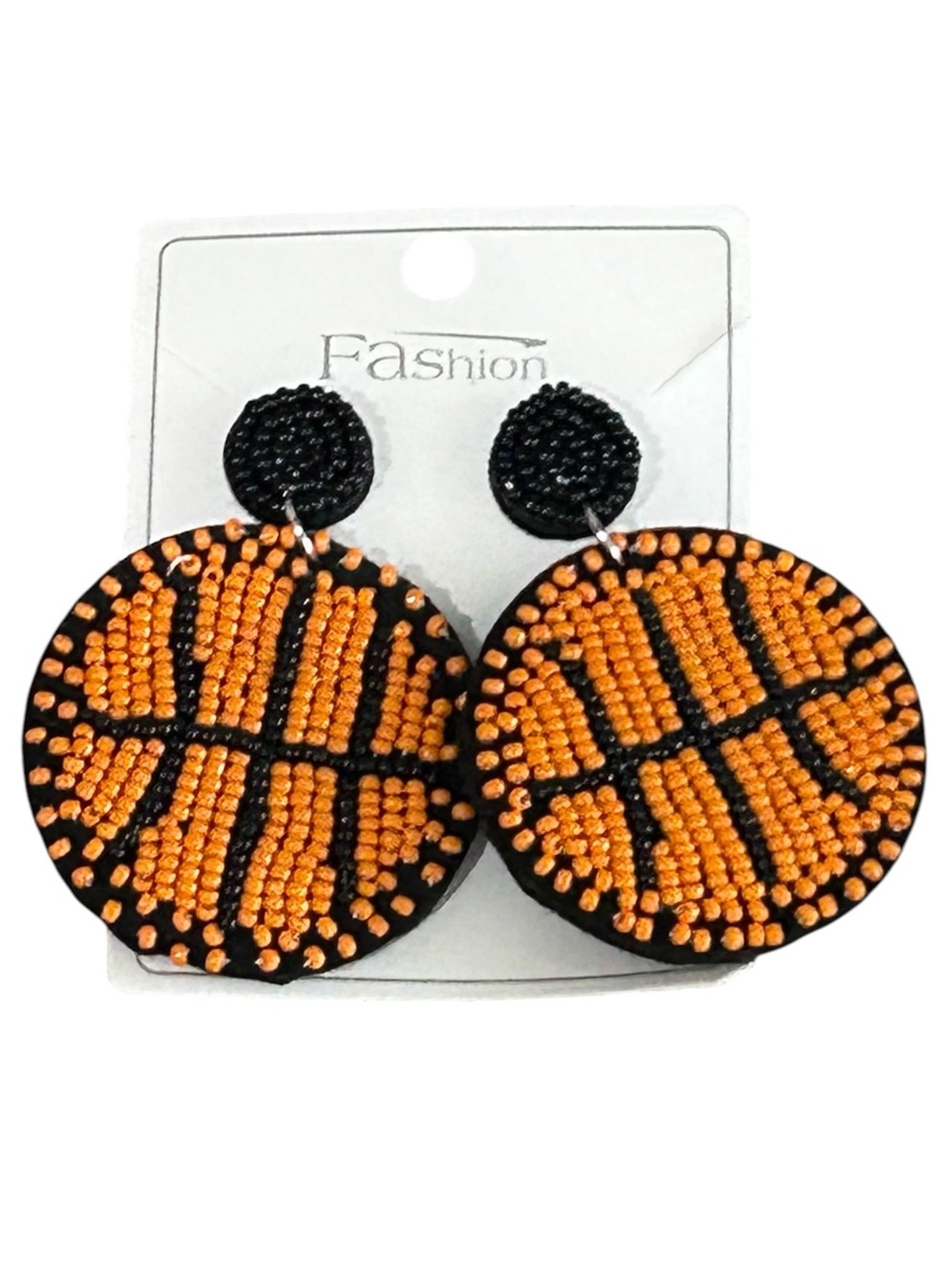 Handmade Beaded Basketball Statement Earrings Orange Black New - Picture 2 of 4
